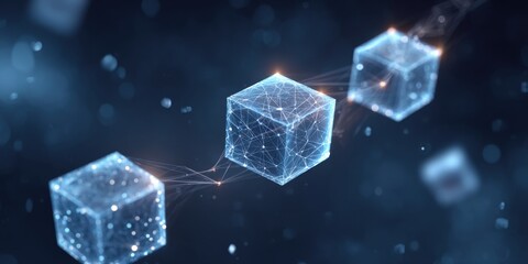 Abstract cubes connected by digital lines,  glowing in dark blue space