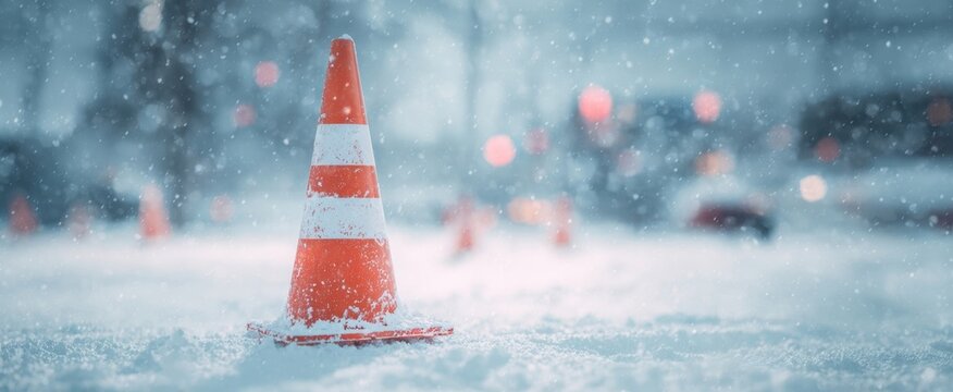 The traffic cone standing prominently in a snowy, winter landscape.