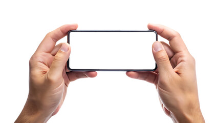 Two Hands Holding a Smartphone Horizontally with Blank White Screen Isolated on Transparent Background