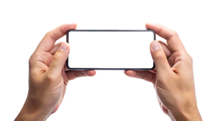 Two Hands Holding a Smartphone Horizontally with Blank White Screen Isolated on Transparent Background