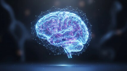 A glowing artificial intelligence digital brain made of circuits and light, floating as a futuristic hologram symbolizing neural networks and advanced machine intelligence.