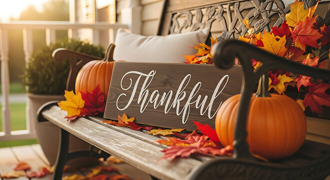 Autumn display on bench with pumpkins thankful sign and fall leaves on porch in warm sunlight ai generated - Powered by Adobe