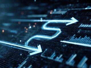 Abstract digital graphic of a curving arrow.  Data streams flow around