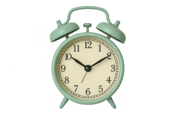 Green vintage alarm clock ticking on transparent background