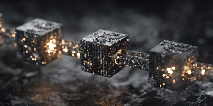 Linked metallic cubes, glowing interior, dark background