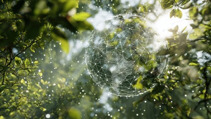 Digital globe nestled within lush greenery. Sunlight streams through leaves, illuminating a transparent, interconnected globe