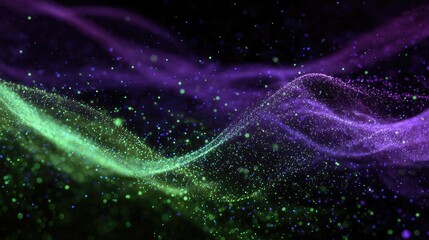 Abstract swirling particles of vibrant green and purple hues against a black background