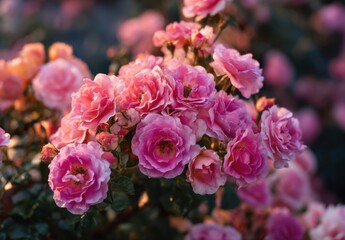 Obraz premium Close-up of clusters of delicate pink roses in sunlight