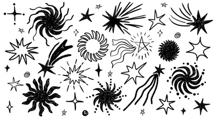 Hand drawn crayon or chalk star shape set. Hand drawn black charcoal doodle collection. Pencil texture form pack. Vector fun childish sketch stars