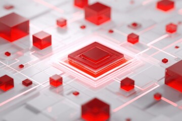 Abstract digital network.  Red cubes on white circuit board