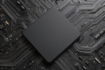 A matte black square component rests centrally on a complex, dark grey circuit board with gold-toned circuitry