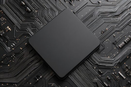 A matte black square component rests centrally on a complex, dark grey circuit board with gold-toned circuitry