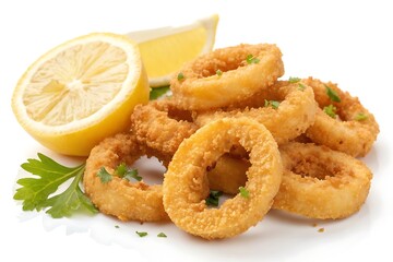 Crispy golden fried calamari rings served with fresh lemon wedges and parsley garnish