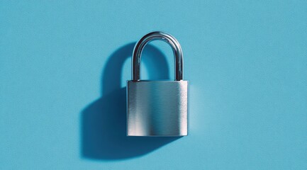 A metallic padlock casts a shadow on a light blue background, symbolizing security and protection