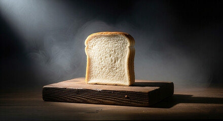Epic Cinematic Photo of Plain Bread Slice on Wooden Board with Dramatic Smoke