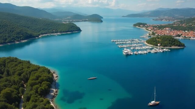 Aerial view of Dragon Eye lake near Marina Frapa in Rogoznica, Croatia. Sea landscape with coastal town and yachts. Touristic city for summer vacation in Adriatic sea