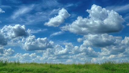 Expansive sky with fluffy clouds over a grassy field