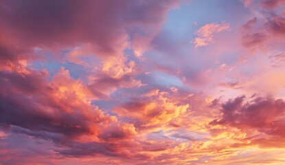 Vibrant sunset cloudscape.  Sunset hues of orange, pink, and purple paint a dramatic sky filled with fluffy clouds