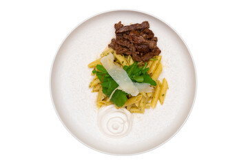 Beef Penne Pasta – Italian Food Served on White Plate with Herbs and Sauce