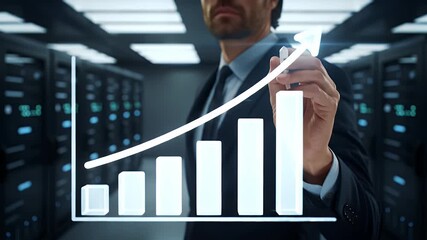 Businessman Drawing Growth Chart in Server Room - Powered by Adobe