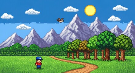 Pixelated Adventure: Boy on Trail with Mountains, Bird, and Sunn
