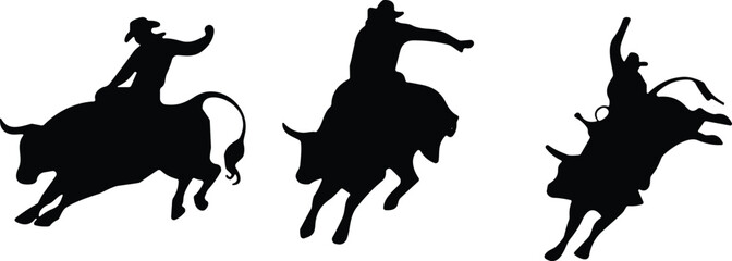 Cowboy riding bull silhouette, rodeo action illustration, wild west sport design, cattle rider figure, cad drawing flat vector illustration