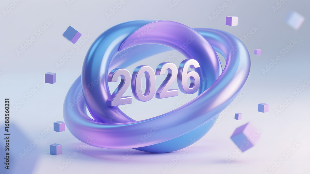 Poster abstract 3d design featuring the year 2026 with interlocking rings and floating cubes