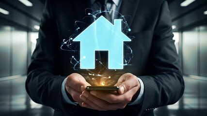 Businessman Holding a Glowing Blue House Hologram Above Smartphone - Powered by Adobe