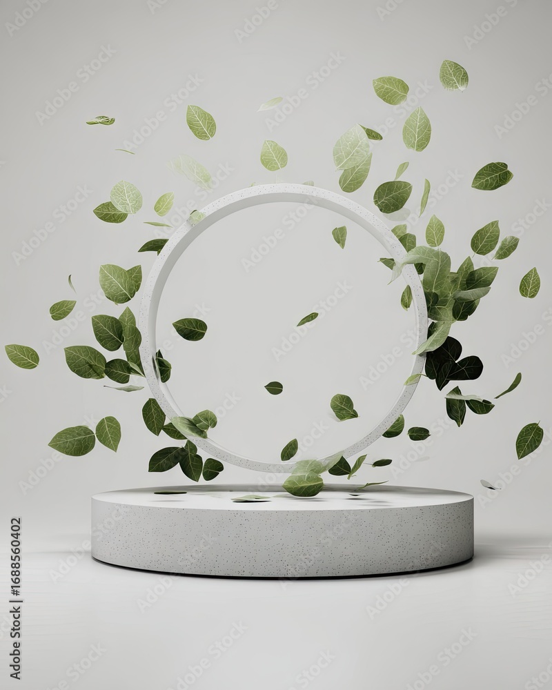 Poster a minimalist 3d render of a light grey circular platform supporting a white ring encircled by fallin