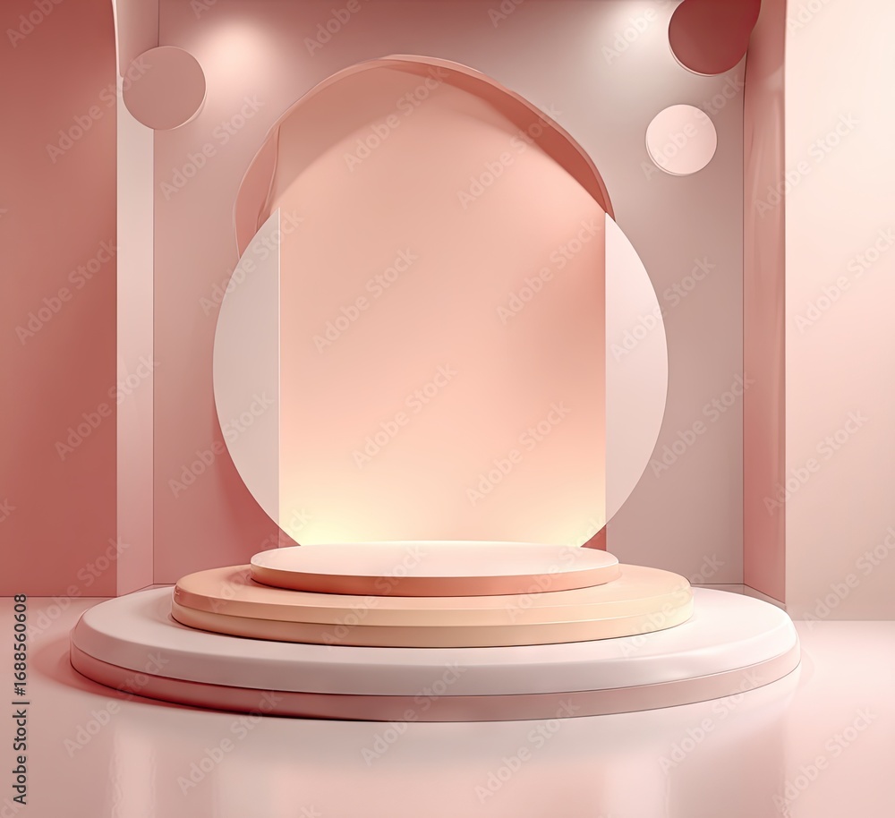 Aufkleber a minimalist 3d render of a tiered, round display platform in soft peach and cream tones, set agains