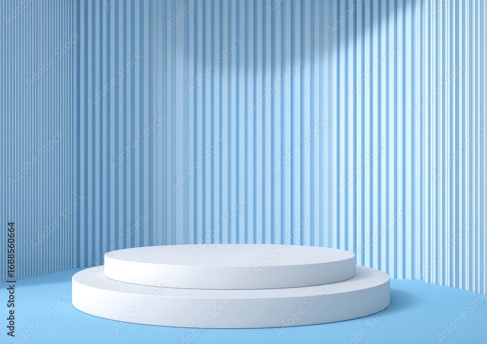 Poster a minimalist 3d render of a two-tiered, white cylindrical display platform against a backdrop of lig