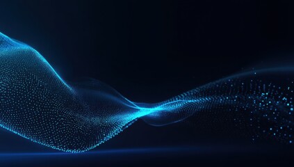 Abstract digital wave.  Fluorescent blue particles form a dynamic, flowing wave against a dark background.  A subtle light effect suggests depth and movement