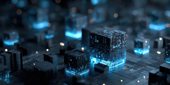 Futuristic cityscape of glowing cubes on a complex circuit board