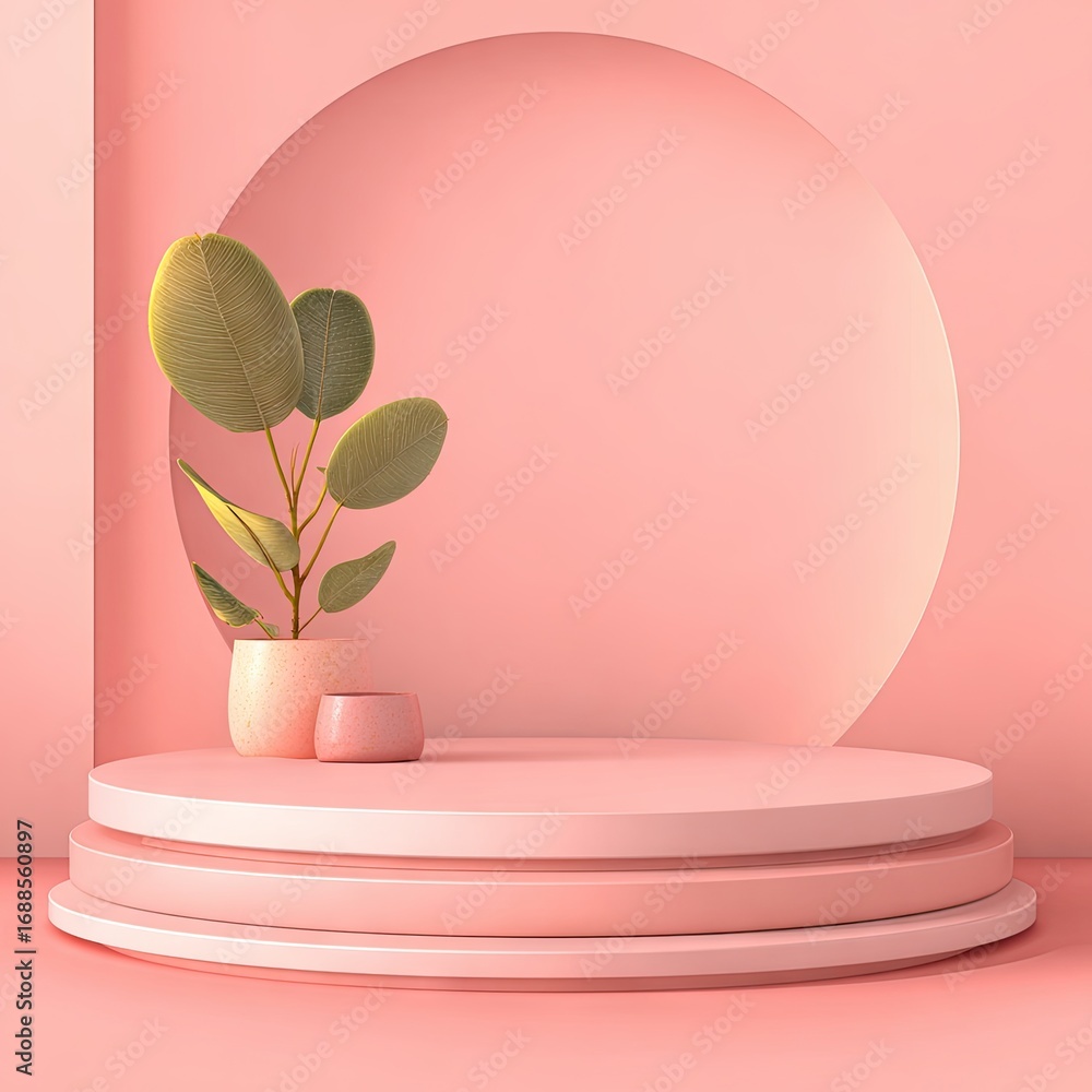 Fototapete a minimalist 3d rendering of a blush pink tiered display platform, featuring a small potted plant an