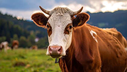 A close-up shot of a brown and white cow in a grassy field, mountains in the backgroundx