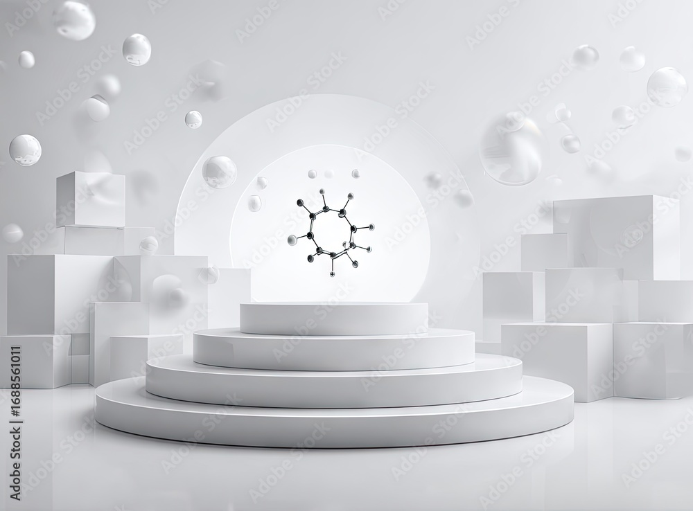 Fototapete a minimalist 3d rendering of a molecular structure on a tiered platform, surrounded by floating sphe