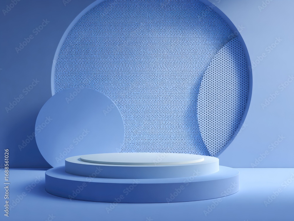 Poster a minimalist 3d rendering of a pale blue cylindrical podium set against a textured blue wall featuri