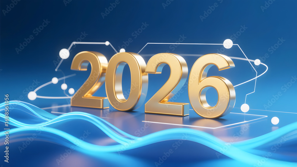 Poster golden '2026' digits with futuristic blue waves and network connections on a reflective surface