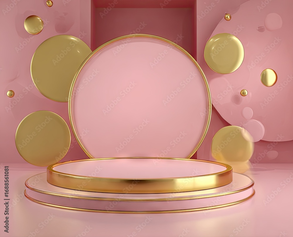 Aufkleber a minimalist 3d rendering of a pink and gold tiered display platform, adorned with floating spheres 