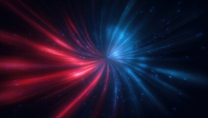 Fototapeta premium Abstract energetic radial lines of red and blue light explode outward from a central point, against a dark background dotted with tiny light particles