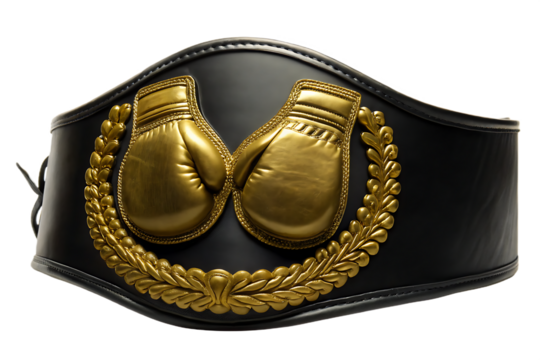 Ornate and gold boxing championship belt isolated on a transparent background black leather