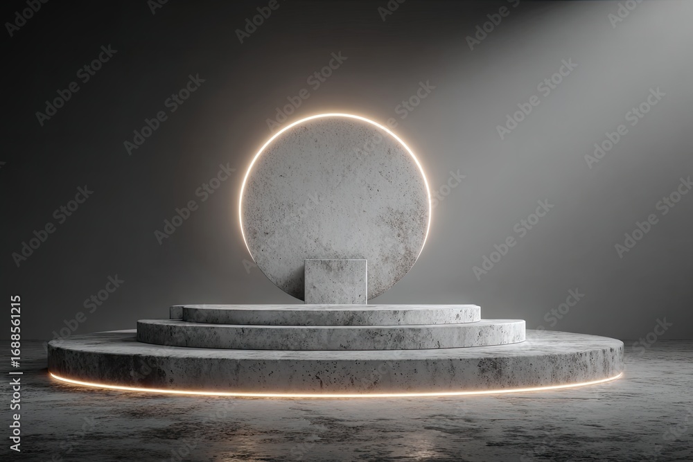 Aufkleber a minimalist 3d rendering of a tiered stone platform with a circular back wall, illuminated by warm-