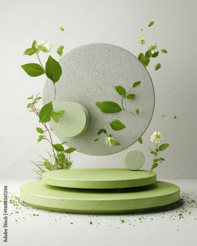 Aufkleber a minimalist 3d rendering of a two-tiered green platform adorned with floating speckled gray discs a