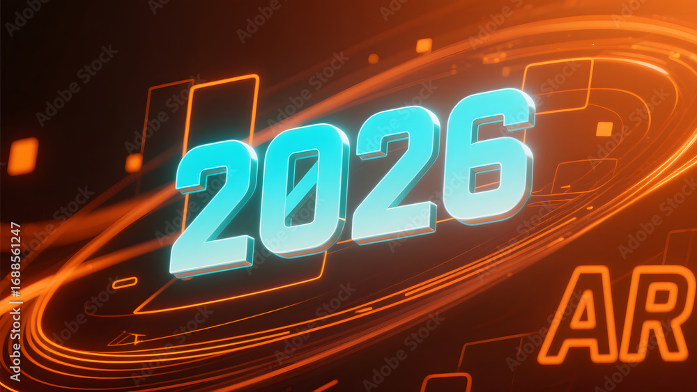 Poster futuristic display of the year 2026 with glowing lines and ar text