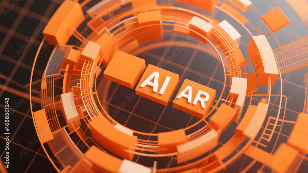 Poster ai and ar text within a futuristic, circular, orange structure on a grid background