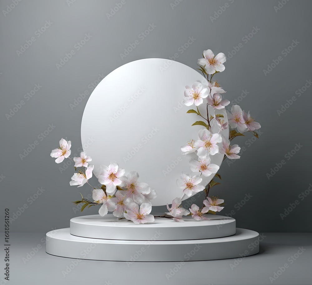 Aufkleber a minimalist 3d rendering of a white circular display platform adorned with delicate pink blossoms, 