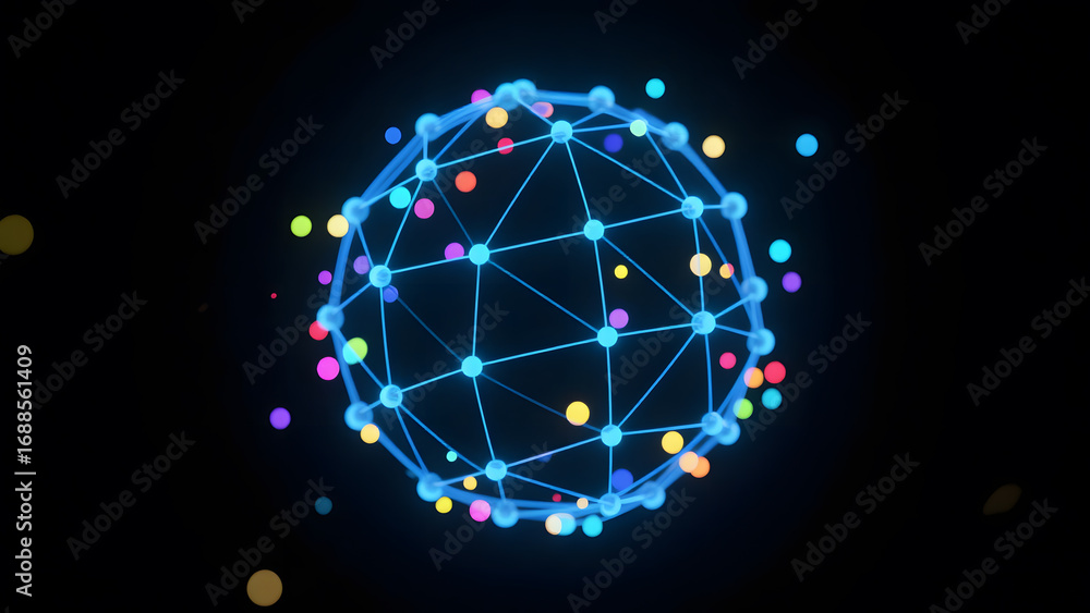 Poster illuminated spherical network with colorful nodes and interconnecting lines