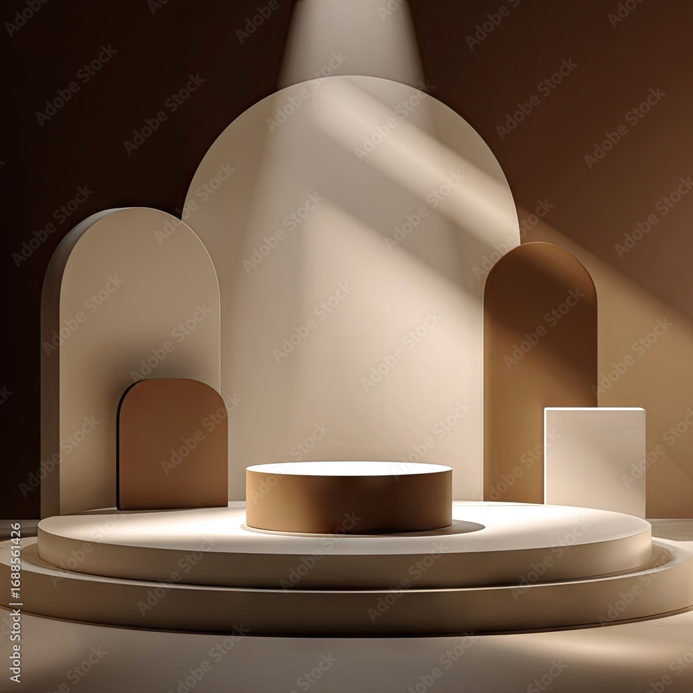 Poster a minimalist, 3d-rendered display featuring a circular platform on tiered steps, arched beige and br
