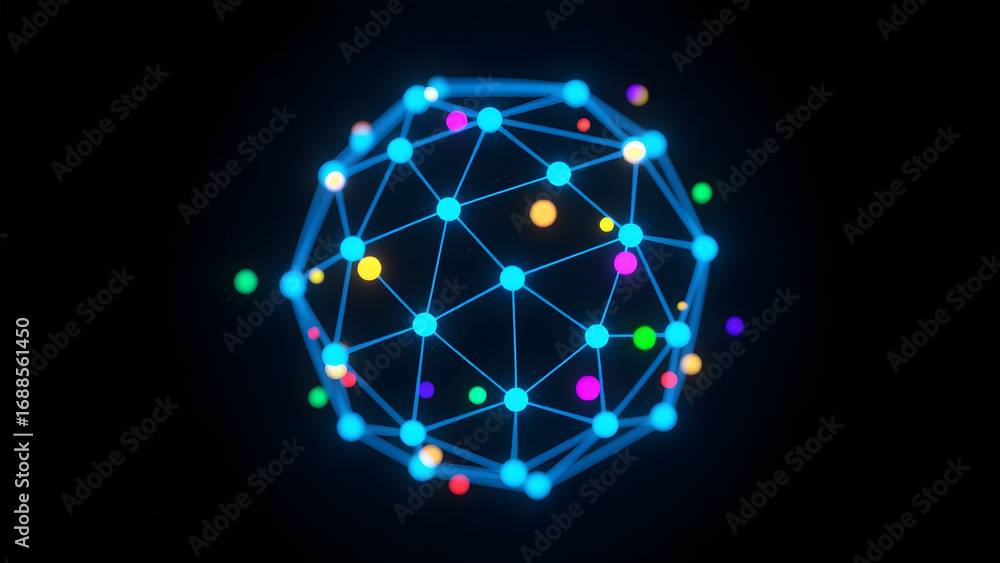 Poster illuminated geometric network with colorful nodes on a dark background