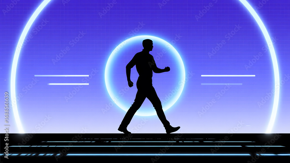 Poster silhouette of a person walking on a futuristic path with glowing neon circles in the background